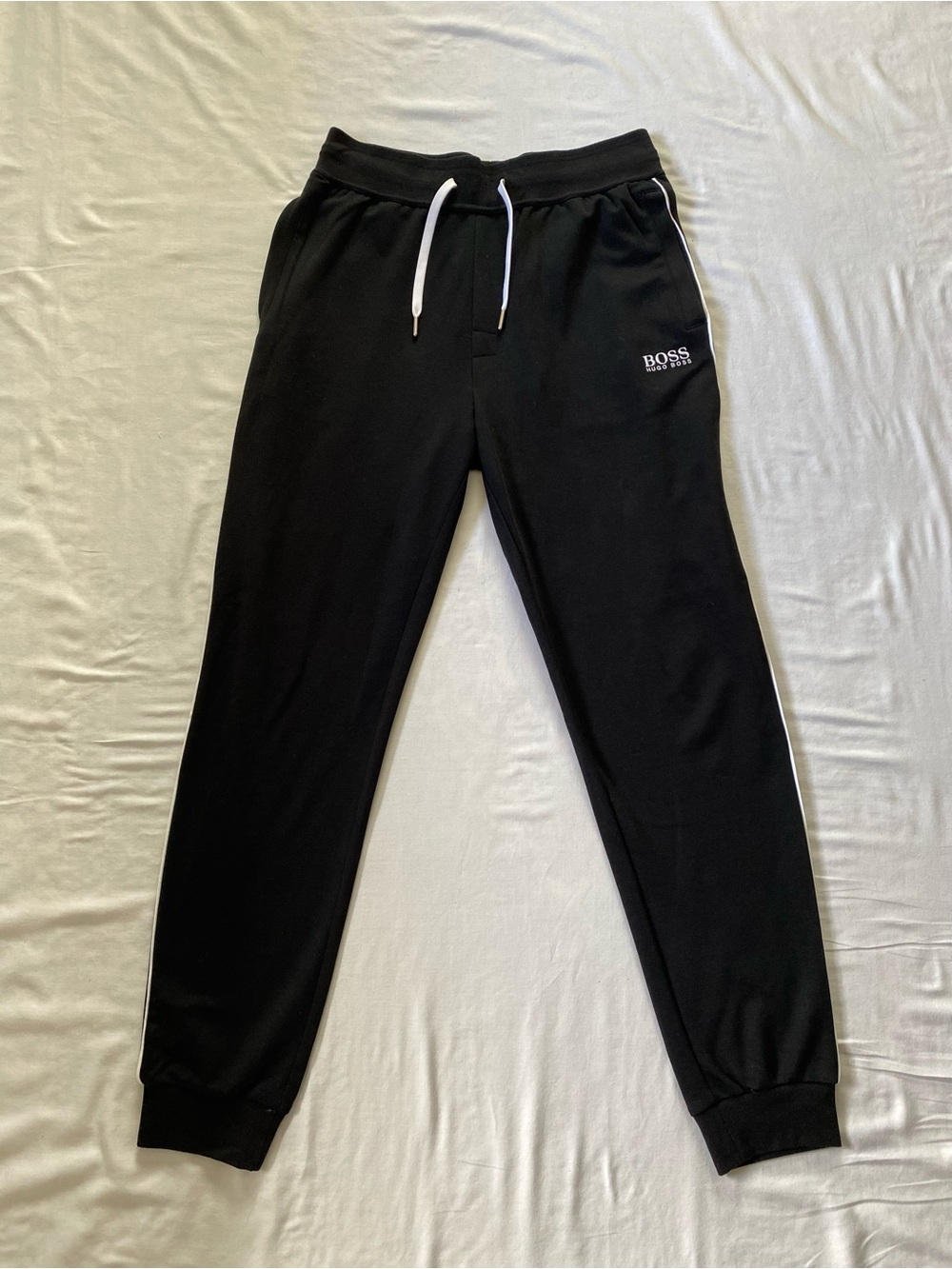 Hugo Boss Men’s Black Jogger Sweatpants with White Drawcord and Trim - Size S